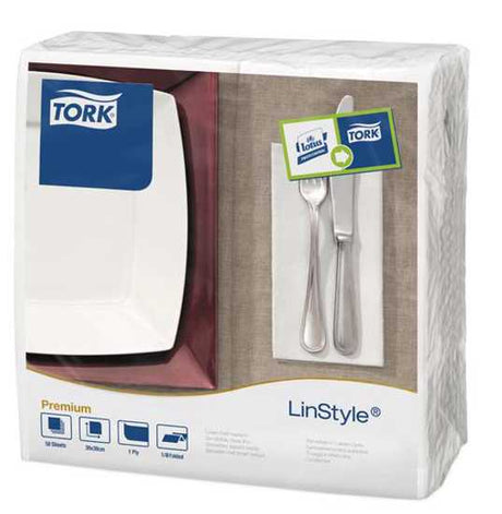 Tork Linstyle 2-ply white dinner napkins, 1/8 fold, luxurious linen look, pack of 50, perfect for elegant dining.