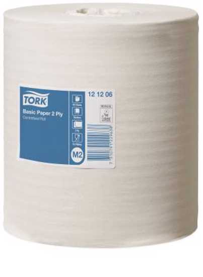 Tork M2 Basic Paper Centrefeed Roll, 2-ply, 160m, eco-friendly, high absorbency, suitable for kitchens and workshops.