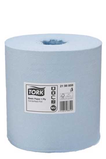 Tork M2 Basic Paper Centrefeed Roll in blue, 1ply, 300M for efficient cleaning in high-traffic areas, FSC certified.