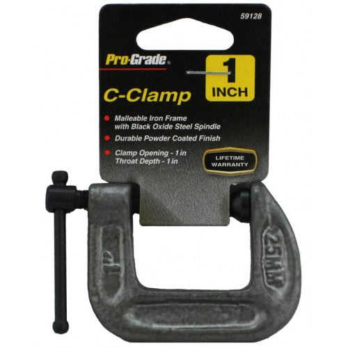 Black oxide steel G clamp with malleable iron frame, 1-inch opening, and powder-coated finish for durability and stability.