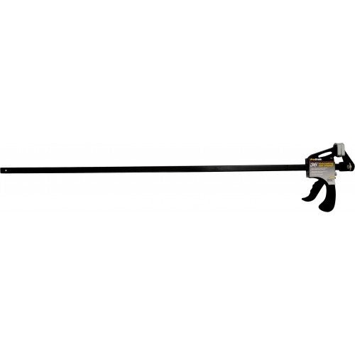 36-inch ratcheting bar clamp with quick release, reversible jaw, and one-handed operation for woodworking and DIY projects.