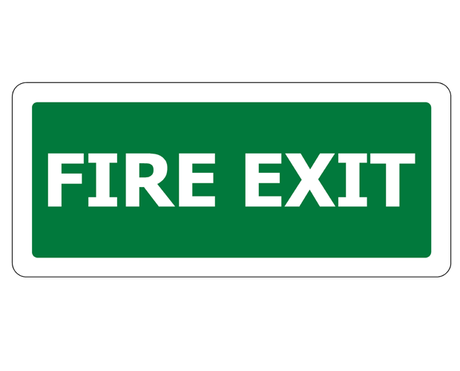 Fire Exit Sign in durable PVC, 450x200mm, clear 'Fire Exit' legend in English for emergency safety and compliance.