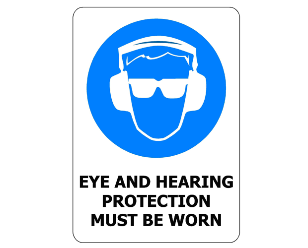 Durable PVC safety sign (240x340mm) mandating eye and hearing protection for workplace safety compliance.