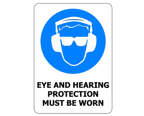 Durable PVC safety sign (240x340mm) mandating eye and hearing protection for workplace safety compliance.