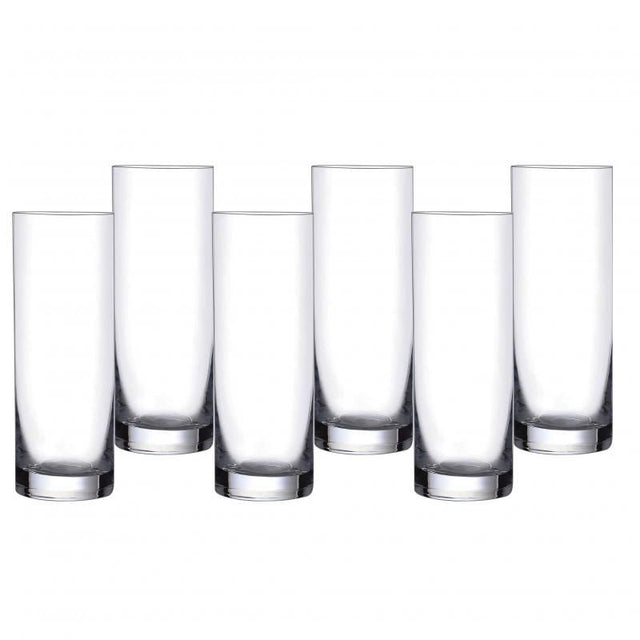 Set of 6 elegant 300ml Bohemia Barline high ball glasses, perfect for serving cocktails and juices, dishwasher safe.