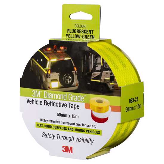 3M Diamond Grade Reflective Tape 983 in fluorescent yellow/green, 50mm x 15m, designed for high visibility on vehicles.