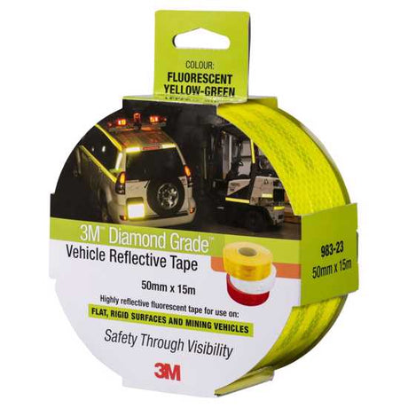 3M Diamond Grade Reflective Tape 983 in fluorescent yellow/green, 50mm x 15m, designed for high visibility on vehicles.