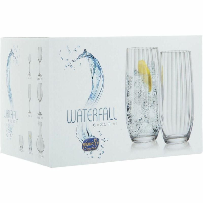 Elegant Bohemia Waterfall High Ball Set of 6, 350ml crystal glasses with unique ridges for a comfortable grip and refined style.