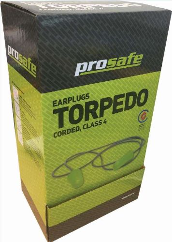 Green corded ProSafe earplugs in a box of 100 pairs, designed for effective noise protection and comfort in various environments.