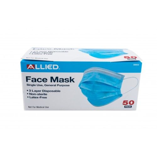 Three-layer disposable face masks in a box of 50, designed for comfort, safety, and everyday protection.