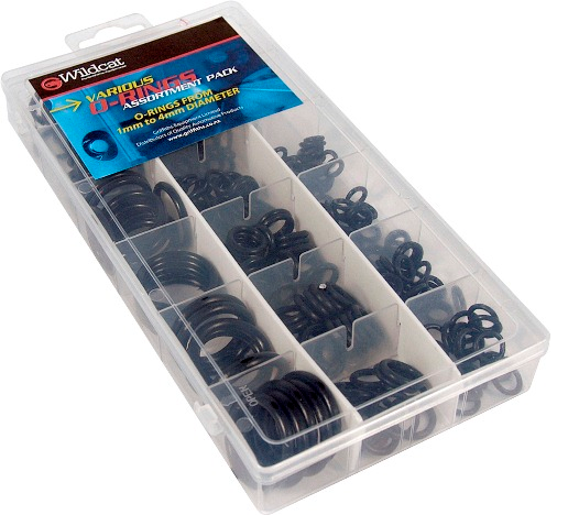 High-quality Wildcat O-Ring Assortment featuring sizes from 1mm to 4mm in a durable plastic display case.