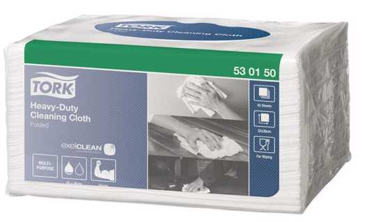 Tork 530 Heavy Duty Cleaning Cloths, 32cm x 39cm, robust, absorbent, disposable, ideal for efficient, hygienic cleaning.