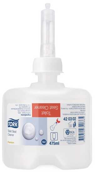 Tork S2 Toilet Seat Sanitiser Refill 475ml in a sealed bottle, designed for effective hygiene and odor neutralization.