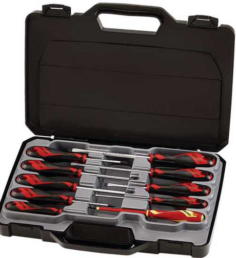 Teng Tools 10-piece screwdriver set featuring TT-MV PLUS steel, ergonomic handles, and assorted slotted, Phillips, and Pozi heads.