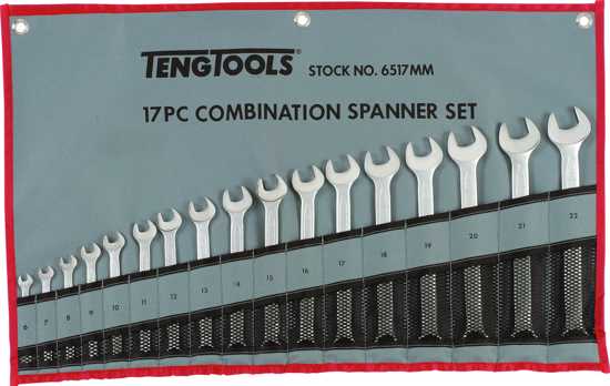 TENG 17-piece combination spanner set (6-22mm) in tool roll, made from chrome vanadium with a satin finish and 15-degree angled heads.