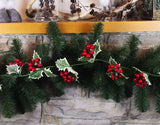 Festive 180cm Holly Garland featuring lush green foliage and vibrant large red berries for holiday decoration.