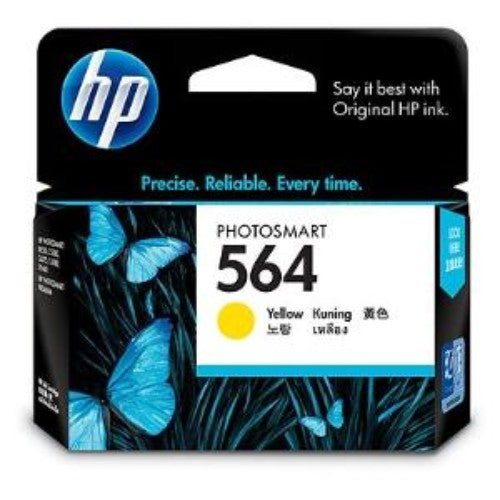 Yellow HP 564 ink cartridge for vibrant prints, 300 pages, ideal for photos and documents, compatible with HP printers.