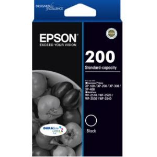 Epson DURABrite Ultra 200 Black Ink Cartridge for sharp, water-resistant prints and highlighter-friendly documents.