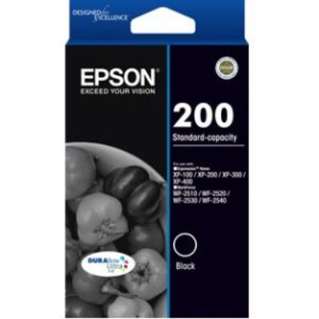 Epson DURABrite Ultra 200 Black Ink Cartridge for sharp, water-resistant prints and highlighter-friendly documents.