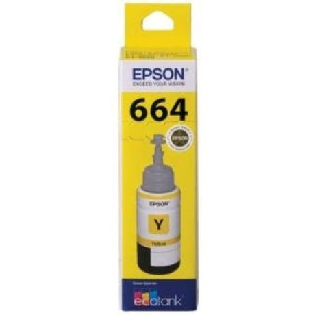 Epson T664 EcoTank Yellow Ink Bottle for high-performance inkjet printers, yields up to 6,500 pages of vibrant color.