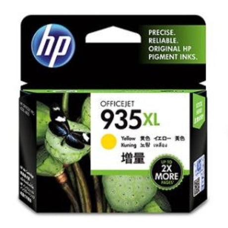 High-capacity HP 935XL yellow ink cartridge for vibrant prints, yields up to 825 pages, designed for reliable performance.