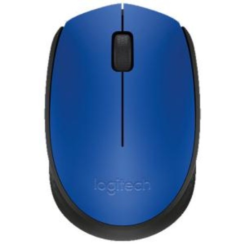 Logitech M171 Wireless Optical Mouse in blue and black, featuring 2.4GHz connectivity, ambidextrous design, and 12-month battery life.