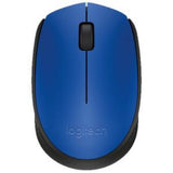 Logitech M171 Wireless Optical Mouse in blue and black, featuring 2.4GHz connectivity, ambidextrous design, and 12-month battery life.