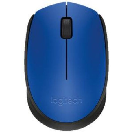 Logitech M171 Wireless Optical Mouse in blue and black, featuring 2.4GHz connectivity, ambidextrous design, and 12-month battery life.