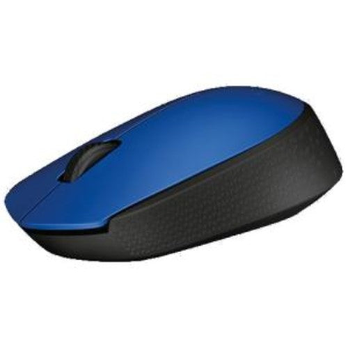 Logitech M171 Wireless Optical Mouse in blue and black, featuring a 2.4GHz connection, 12-month battery life, and ambidextrous design.