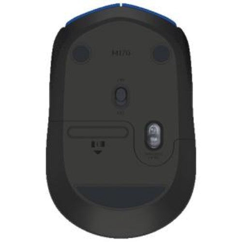 Logitech M171 Wireless Optical Mouse in blue and black, featuring plug-and-play setup, 12-month battery life, and ergonomic design.