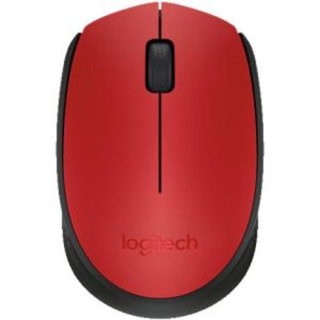 M171 Wireless Mouse by Logitech in black and red; ergonomic, ambidextrous design with 12-month battery life and 10m range.