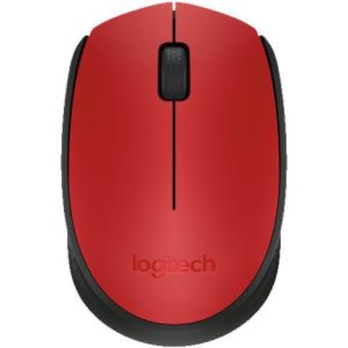 M171 Wireless Mouse by Logitech in black and red; ergonomic, ambidextrous design with 12-month battery life and 10m range.