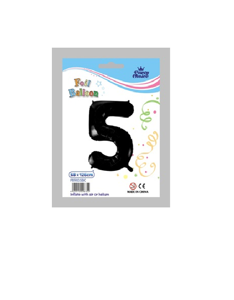 Set of 6 black foil balloons shaped like the number 5, perfect for festive events and ready for helium filling.