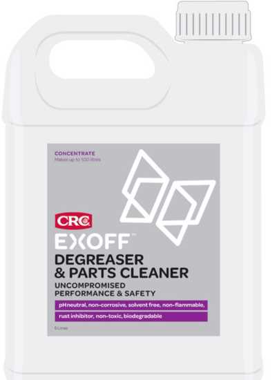 CRC 3412 EXOFF Degreaser in 5L bottle, non-toxic, efficient cleaner for grease on various surfaces, eco-friendly and safe.