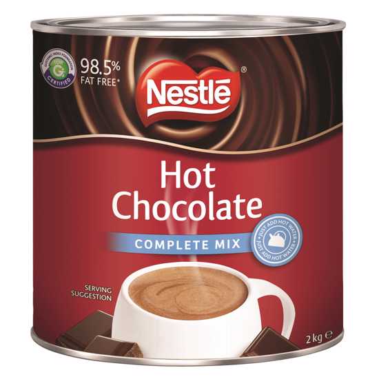 Nestle Hot Chocolate Complete Mix 2kg tin, featuring rich cocoa and skim milk powder for creamy drinks, hot or cold.