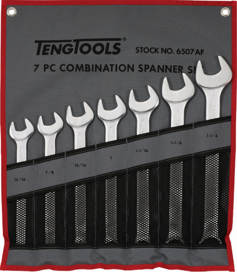 Teng Combination AF Spanner Set (7pc) with chrome vanadium construction, satin finish, and ergonomic design in a canvas roll.