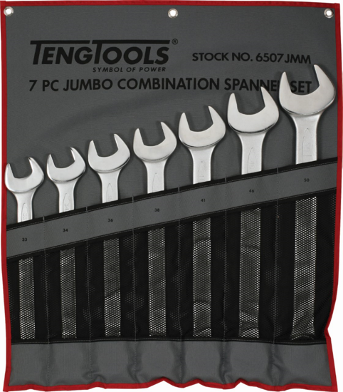 7-piece Teng Metric Combination Spanner Set in a tool roll, featuring sizes 33-50mm, perfect for mechanics and DIY enthusiasts.