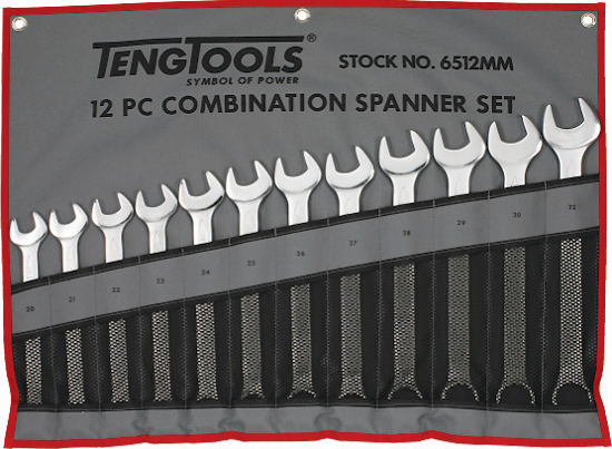 Teng Combination Roe Spanner Set in a canvas wallet, featuring 12 durable spanners sized 20-32mm for versatile repairs.