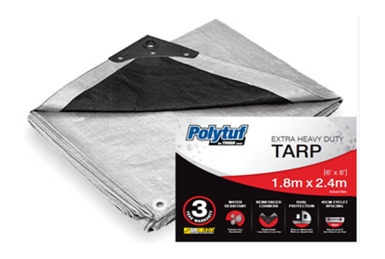 Polytuf Heavy Duty Silver and Black Tarpaulin 1.8x2.4m, UV and water-resistant, with reinforced corners and rust-free eyelets.