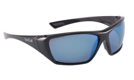 Bolle Hustler Safety Glasses with polarized blue lenses, featuring a wrap-around frame and exceptional UV protection for outdoor activities.