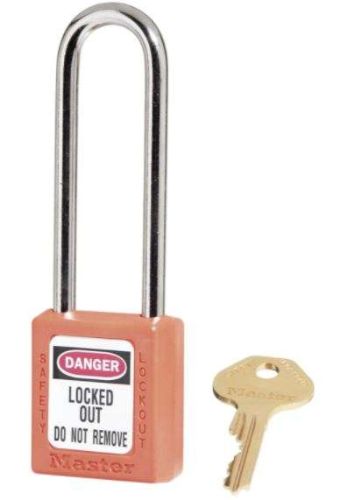 Bright orange lockout padlock with 76mm shackle, designed for safety compliance and harsh environments.