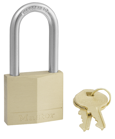 Master Lock Diamond Brass Padlock with 40mm body and 38mm hardened steel shackle, offering robust security for various uses.