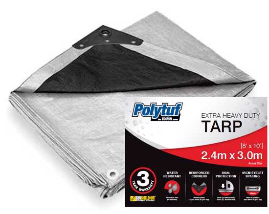 Heavy-duty silver and black tarpaulin, 2.4 x 3.0m, offers UV and water resistance with reinforced edges for outdoor protection.
