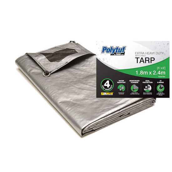 Extra heavy-duty 1.8m x 2.4m tarpaulin with D-rings, UV and water-resistant for outdoor protection.