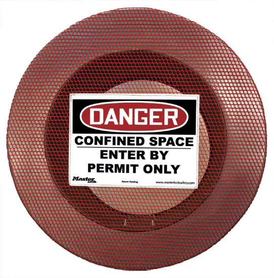 Red elastic mesh access cover for confined spaces, featuring a gas test port and lockable signage for safety compliance.