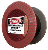 Red elastic mesh access cover for small openings, designed to secure confined spaces while allowing gas testing.