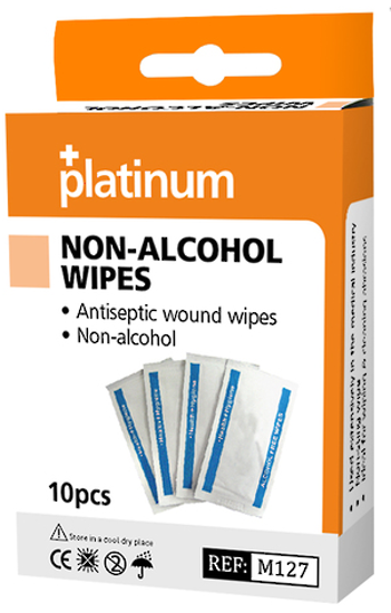 Antiseptic non-alcohol wipes pack of 10, ideal for first-aid, containing cetrimide for effective skin cleaning.