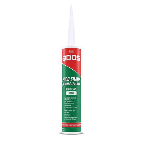 ADOS 3314 Food Grade Silicone Sealant in Titania, 300g, designed for safe sealing in food environments, resistant to mould.