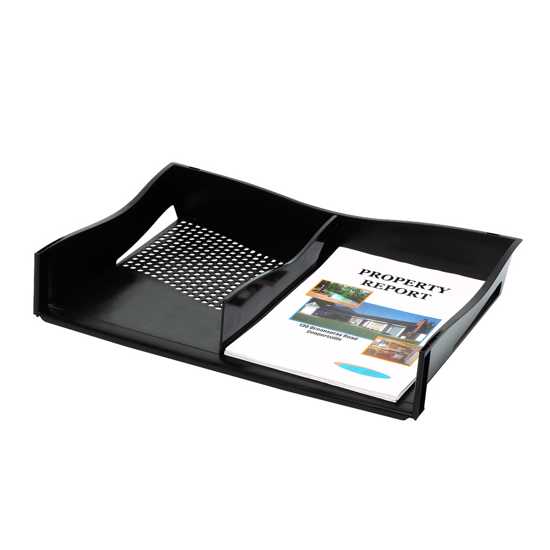 Marbig A3 Enviro Document Tray in black, stackable with divider for organizing A3 and A4 documents, featuring a convenient front handle.