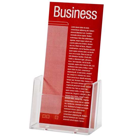 Freestanding Esselte DL Brochure Holder showcasing brochures and business cards, perfect for professional settings and trade shows.